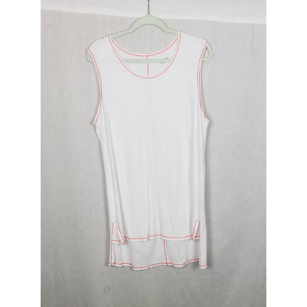 Eileen Fisher White Organic Cotton Slub High Low Tank Top Orange Stitch M Summer